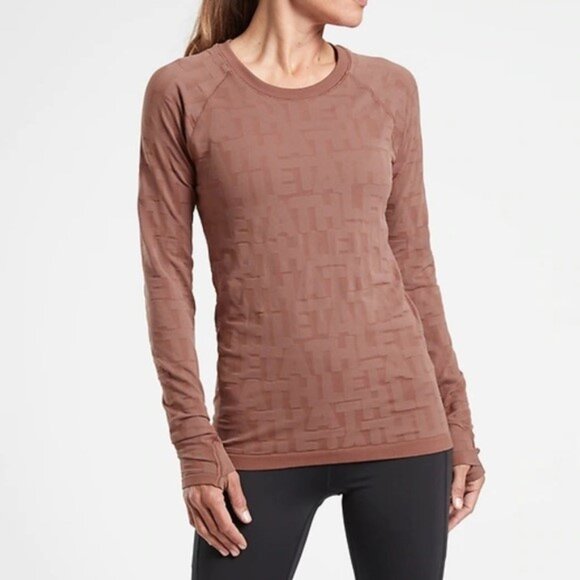 Athleta Momentum Monogram Seamless Long Sleeve Top Brown Size L - Picture 1 of 8